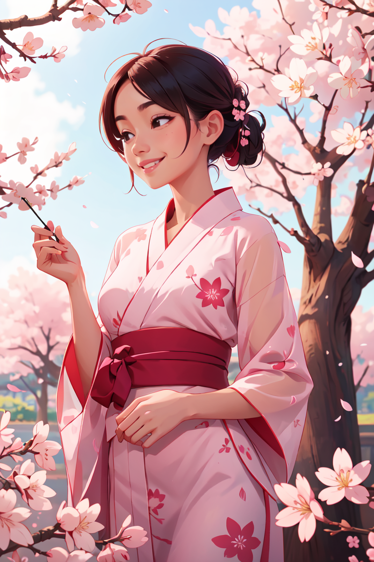 1girl, solo, smile, look away, beautiful see-through Yukata, delicate pattern, beautiful neck , complex background, cherry...